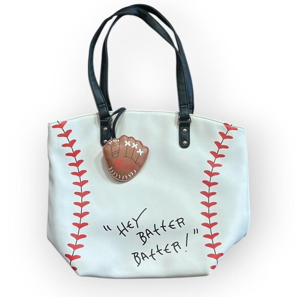 Betsey Johnson Baseball "Hey Batter" Tote Bag with charm - Picture 2 of 6